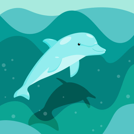 A cartoon character of a dolphin swimming in the sea is minimalistic in blue shades. Isolated vector illustration.のイラスト素材