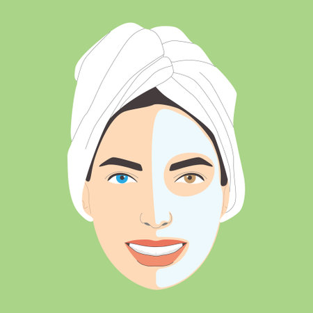 Cosmetic care, smiling woman with half face mask and towel on her head, has different colored eyes, vector isolated on green background.のイラスト素材
