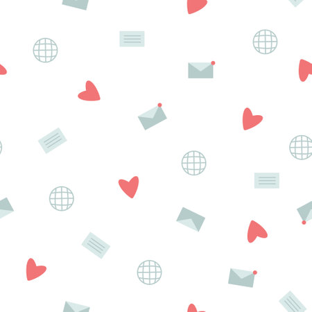 Vector isolated illustration, pattern seamless picture on the theme of heart messengers, postcards, and internet symbol on a white background.のイラスト素材