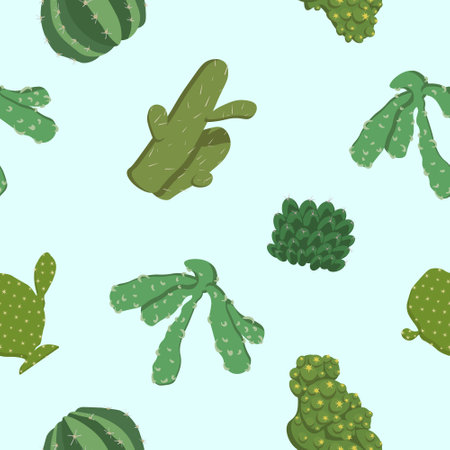 Pattern cacti of different shapes, background seamless illustration. Design element, vector isolated on light blue background.のイラスト素材