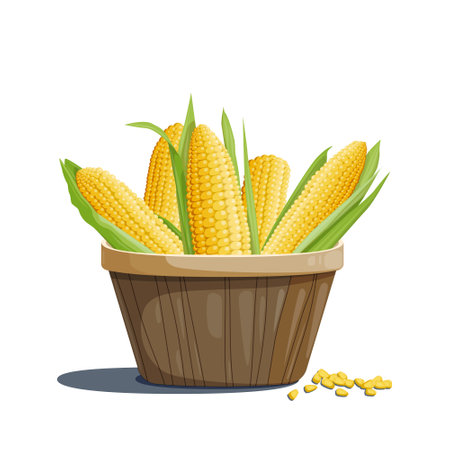 Bright illustration of a group of four different ears of corn with green leaves in a basket. Design element and food and agriculture theme.のイラスト素材