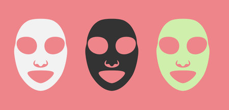 Three cosmetology masks with cut-out holes for eyes, nose and mouth in different colors white, black and green, vector isolated on pink background.のイラスト素材