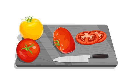 Different varieties of tomatoes, red and yellow tomatoes on a kitchen board with a knife. Bright juicy vegetable in cross section, vector isolated image on white background.のイラスト素材