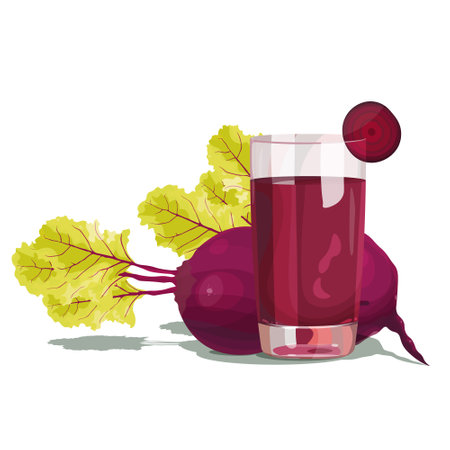 A bright juicy beetroot with a top lies near a glass beetroot juice glass with a slice. Isolated image on a beige background.のイラスト素材
