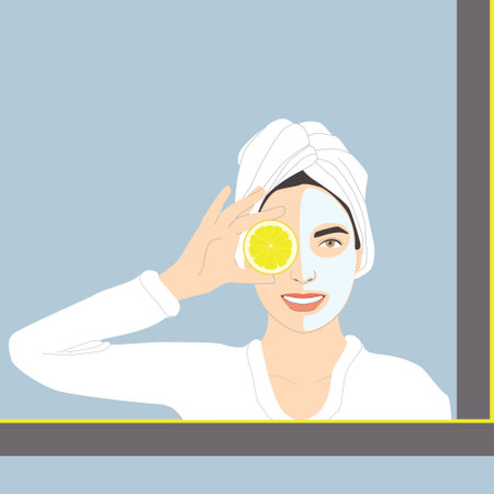 Cosmetic care, smiling woman with half face mask and towel on head, holding lemon in hand, vector isolated on green background.のイラスト素材