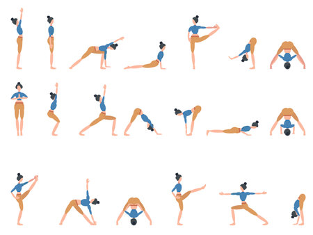 A set of twenty different yoga poses, a woman in blue-orange clothes. Can be used for posters, banners, postcards.のイラスト素材