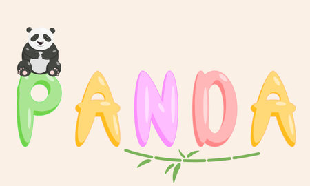 Panda cartoon character with bamboo educational character with animal name. Isolated vector illustration..のイラスト素材