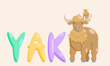 Educational cartoon yak character with the name of an animal. Isolated vector illustration.のイラスト素材