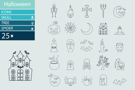 Set of Halloween characters. Scrapbook elements. Vector illustration. Cat, bat, spider, ghost, pumpkin, witch hat, skull, cross.のイラスト素材
