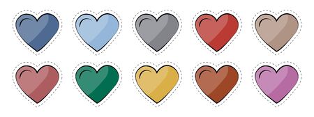 Vector set of stickers badges hearts of different colors 80s-90s comic styleのイラスト素材