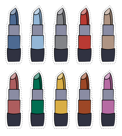 Vector set of stickers icons lipstick in various colors 80s 90s in comic styleのイラスト素材