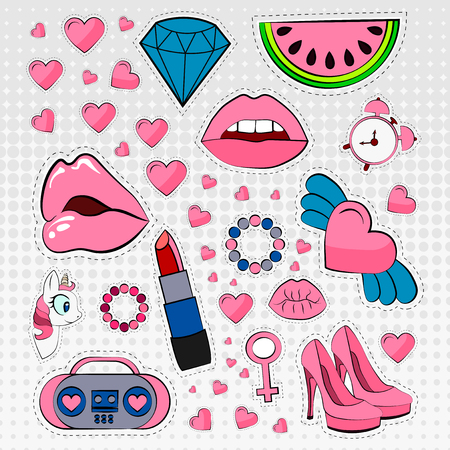 Vector icons set of stickers in different colors 80s 90s in comic styleのイラスト素材