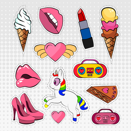 Vector icons set of stickers in different colors 80s 90s in comic styleのイラスト素材