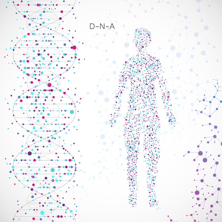 Abstract Silhouette of a man in the structure  DNA and the atomsbackground. Vector illustration. Beautiful   the spiral moleculeのイラスト素材