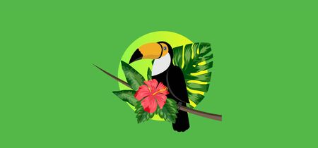 Toucan bird sits on flower tree in tropical forest. Vector illustrationのイラスト素材