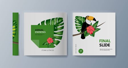 Set of brochures about Toucan bird and tropical flora. Vector illustrationのイラスト素材