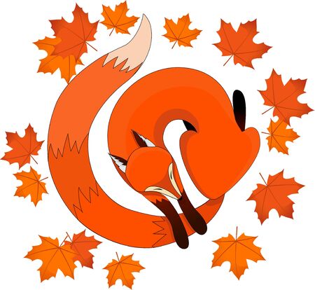 Flat vector cartoon illustration of a cute red fox character with yellow leaves isolated on white.のイラスト素材
