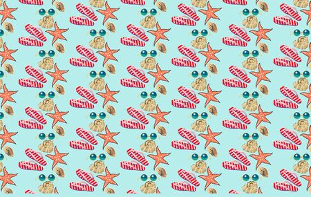 Summer beach holiday accessories collage pattern with starfish, shells, sunglasses
