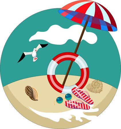 Summer beach set in the circle. with flops, sunglasses, shells, seagull and umbrella, vectorのイラスト素材