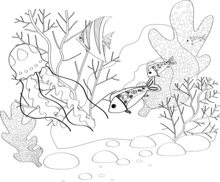 Fish, seashells, seaweed and corals drawn in line art style on white background.のイラスト素材