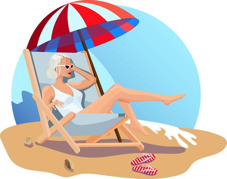 woman relaxing on the sun chair under beach umbrella on vacation, sunbathing, summer funのイラスト素材