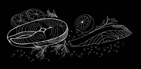 Cooking Vector Illustration, Chalkboard Drawing cooking slices of the fish with leaves and peppersのイラスト素材
