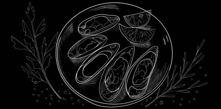 Mussels chalk sketch. Isolated on blackbackground. Hand drawn vector illustration. Retro style.のイラスト素材