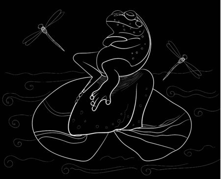 Frog dreams on a lily leaf, around it water.のイラスト素材