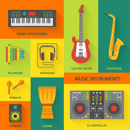 Musical instruments flat vector icons.のイラスト素材