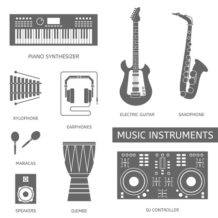 Musical modern instruments flat vector colorful icons.のイラスト素材