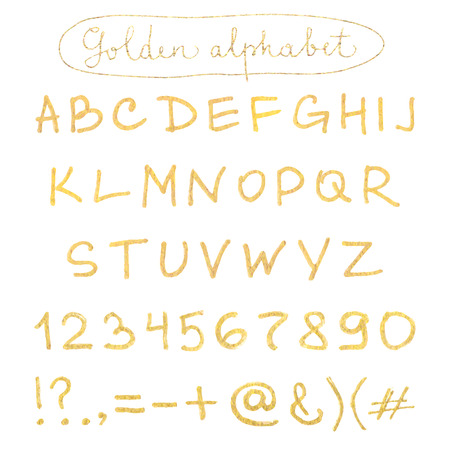 Handwritten gold alphabet isolated on white background. Shiny hipster font. Vector ABC letters.のイラスト素材