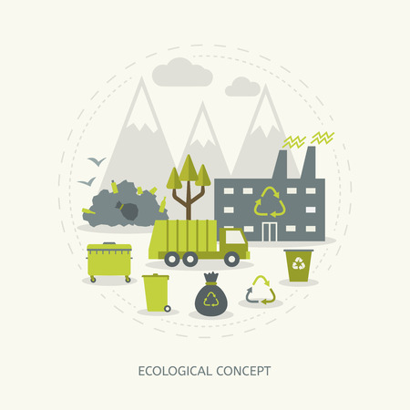 Ecologic recycling and waste utilization concept in flat style