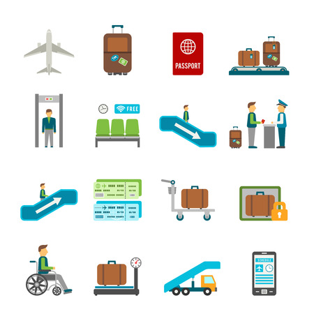 Airport travel icons with online ticket reservation and navigation signs in flat styleのイラスト素材