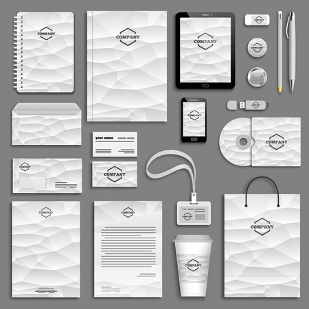 Corporate identity template set. Business stationery mock-up with logo. Branding design. Letter envelope, card, catalog, pen, pencil, badge, paper cup, notebook, tablet pc, mobile phone, letterheadのイラスト素材