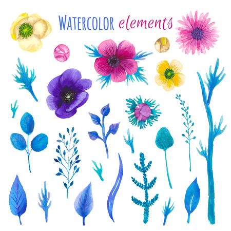 Watercolor blossom floral set. Handpainted collection with anemone flowers, leaves and branches. Spring and summer design elements for wedding invitation and greeting cards, t-shirt, phone case, wrapping paper, textileのイラスト素材
