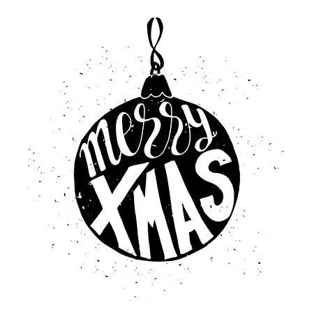 Cute Greeting Christmas card with ball with grunge texture and with Merry Christmas typography. Holiday banner. Vintage poster.のイラスト素材