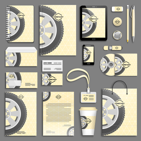 Car auto wheel corporate identity template set. Business stationery mock-up with logo. Branding design.のイラスト素材