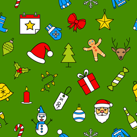 Green Christmas seamless patterns made with outline icons in flat style. Abstract backgrounds. Backdrop mobile smart phone tablet desktop wallpaper web design element scrap booking textileのイラスト素材