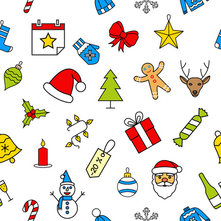 White Christmas seamless pattern made with outline icons in flat style. Abstract backgrounds. Backdrop mobile smart phone tablet desktop wallpaper banner web design element scrap booking textileのイラスト素材