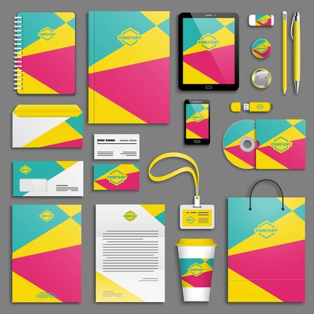 Trendy colorful Corporate identity template set. Business stationery mock-up with logo. Branding design. Colorful geometric background.のイラスト素材