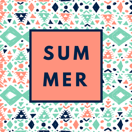 Summer hipster boho chic background with aztec tribal mexican texture. Minimal printable journaling card, creative card, art print, minimal label design for banner, poster, flyer.のイラスト素材
