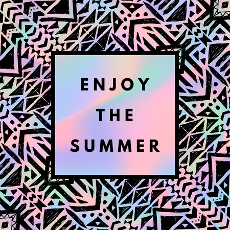 Summer hipster boho chic background with holographic mesh and mexican layout. Minimal printable journaling card, creative card, art print, minimal label design for banner, poster, flyer.のイラスト素材