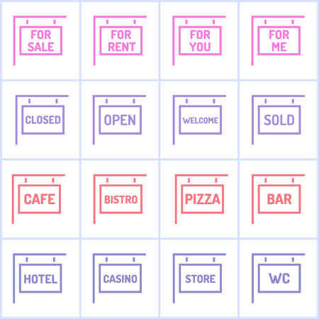 Signboard outline icons. Sale, rent, cafe, bistro pizza bar hotel casino store wc signsのイラスト素材