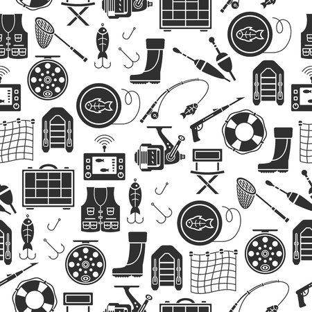 Seamless pattern with fishing gear vector icons in flat style isolated on white background.のイラスト素材