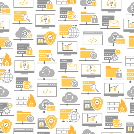 Seamless pattern with icons of data center, hosting and cloud services. Information Technology background. Vector illustration EPS 10.のイラスト素材