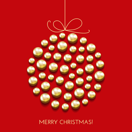 Greeting Christmas card with decor ball made with shine and sparkle golden beads, pearl. Holiday banner. Vintage poster.のイラスト素材