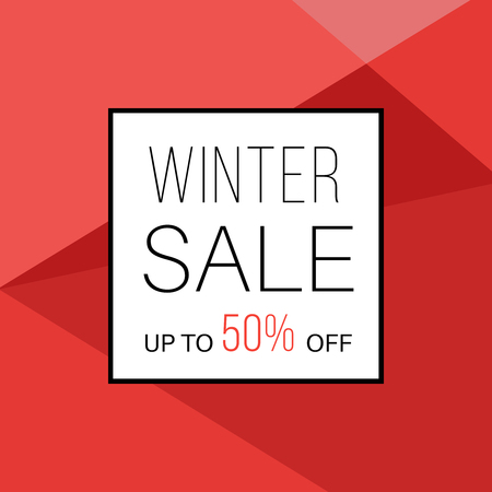 Winter sale. Online shopping banner with discount offer. Promotional design poster. Minimal red backgroundのイラスト素材