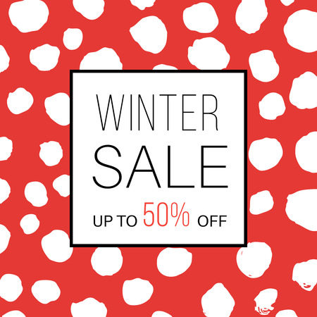 Winter sale. Online shopping banner with discount offer. Promotional design poster. Minimal red background with white hand drawn brushのイラスト素材