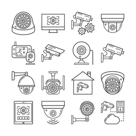 Video monitoring linear icons set. Different security surveillance camera, cctv thin line editable stroke vector signs isolated on white backgroundのイラスト素材