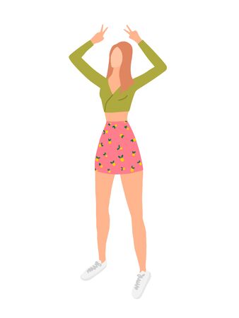 Woman in casual cloth isolated student girl. Vector female character in summer apparel, skirt and shirt. Fashion model, vogue lady in everyday outfit cartoon flat style illustrationのイラスト素材
